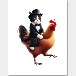 Tuxedo Cat On A Chicken Posters and Art